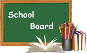 School Board wrote on a chack board with an open book and pencils in a cup at the lower bottom right.