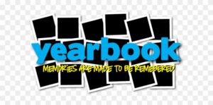 blue letters spelling yearbook on black blocks background