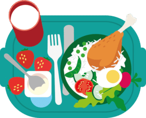 Picture of a Plate of food with chicken rice and a cup of milk