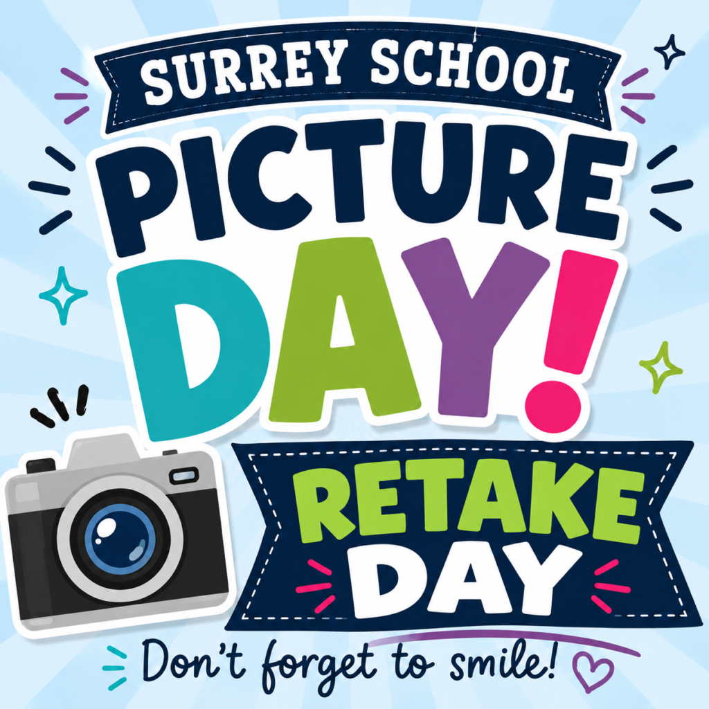 Picture of a camera and the words Picture retake day. and the phrase, dont forget to smile