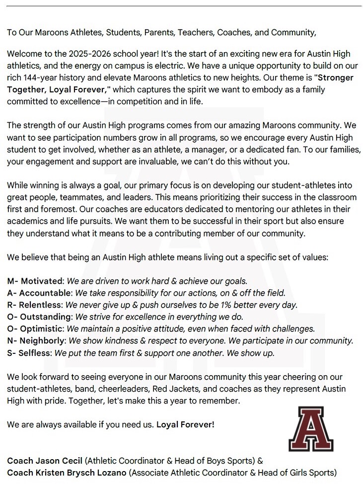 Welcome letter from Coaches Cecil & Lozano