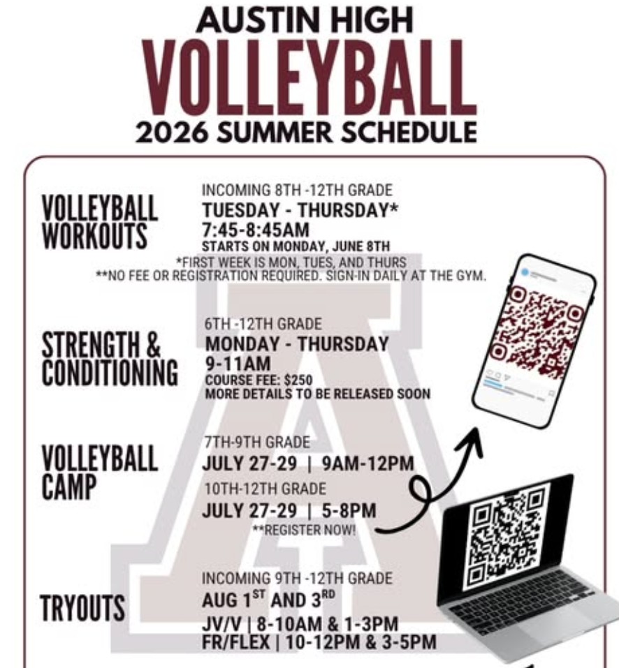 AHS volleyball Summer schedule for 2026 is on this image.