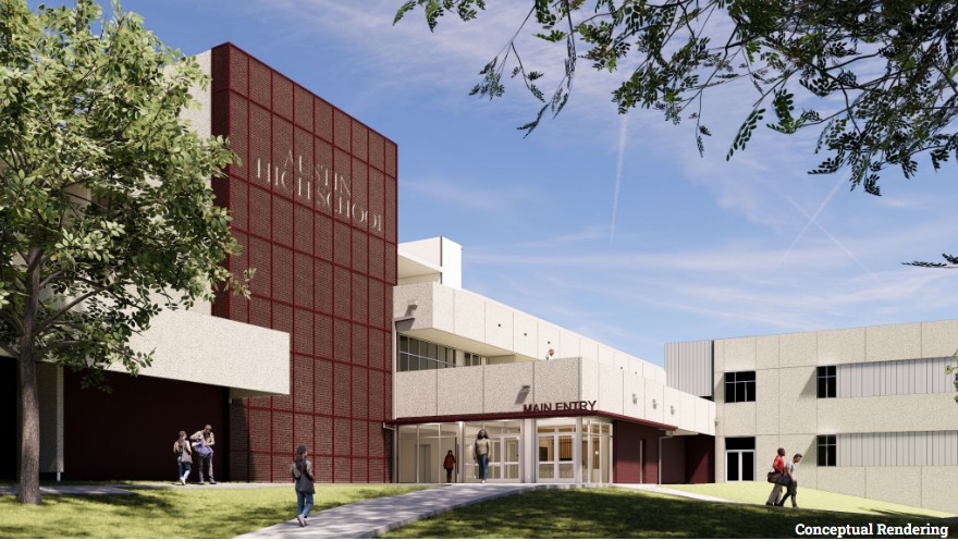 Austin High main entrance remodel image. This is picture of the new entrance to Stephen F. Austin High School in Austin, Texas.