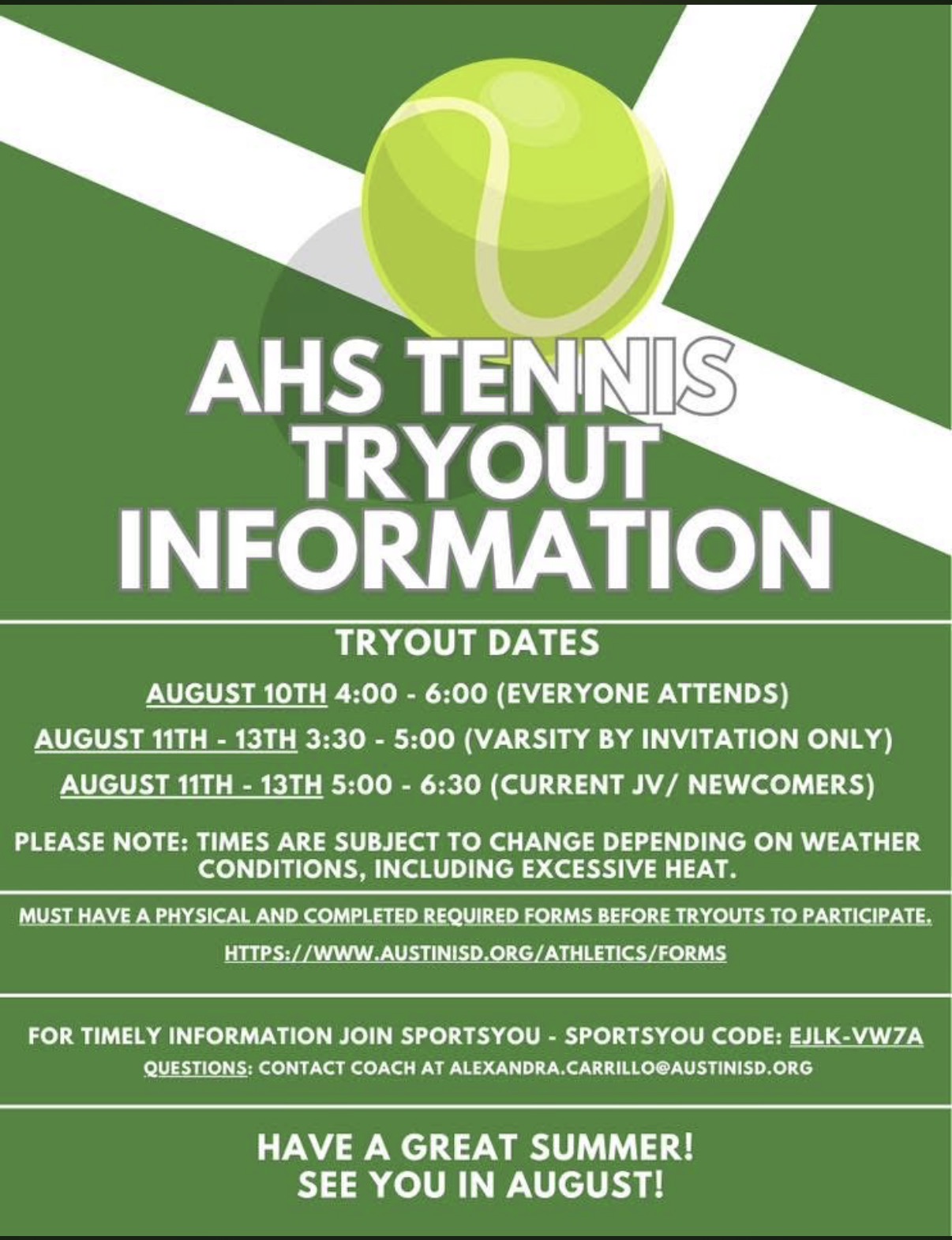 AHS Tennis 2026 Tryout information