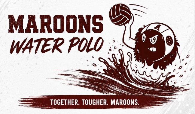 AHS Water Polo image with logo of Mr. Maroo in a pool playing water polo.