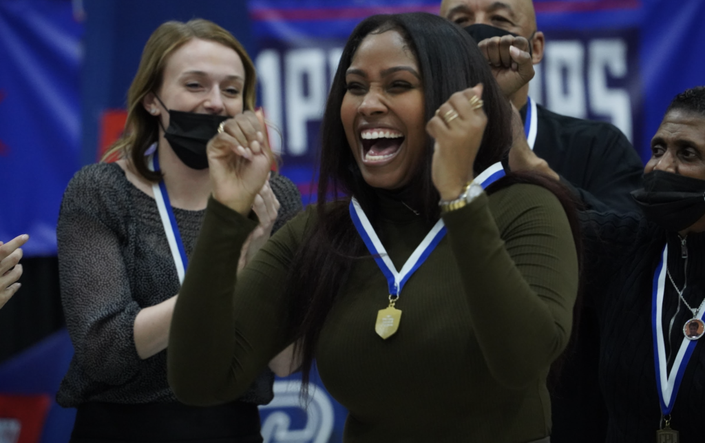 Krissy Harper, head coach of Whitney Young, celebrates. Photo by CPL