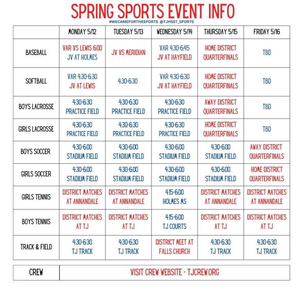 TJHSST 2024-25 Spring Sports Calendar