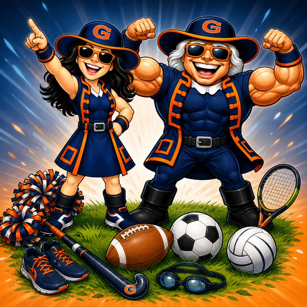 Quaker mascots with Fall sports equipment