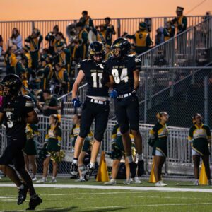 Two football players jumping at a football game.
