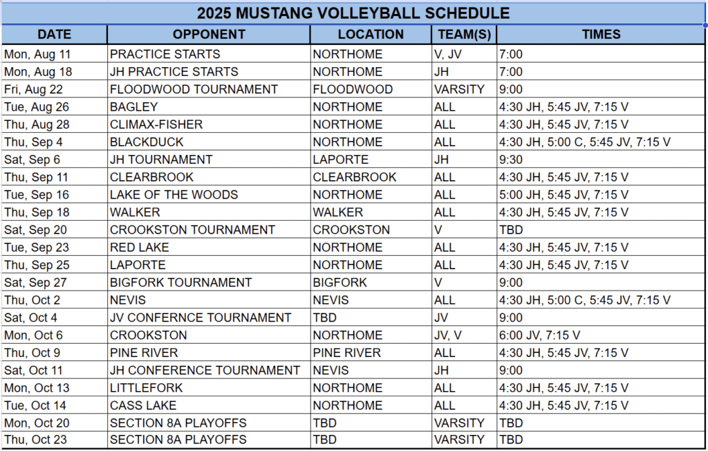 2025 Volleyball Schedule.
