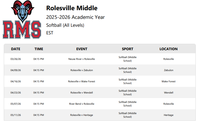2026 RMS Softball Schedule
Games 
3/26/26 Neuse River vs Rolesville
4/9/26 Rolesville vs Zebulon
4/16/26 Rolesville vs Wake Forest
4/26/26 Rolesville vs Wendell
5/7/26 River Bend vs Rolesville
5/11/26 Rolesville vs Heritage