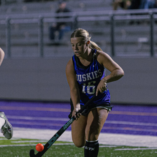 Player hits a ball with a stick.
