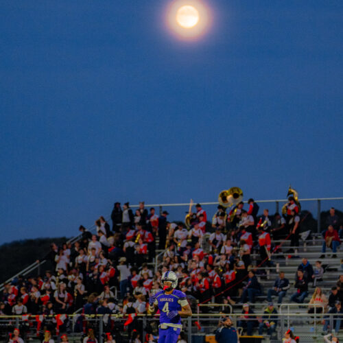 football player with people in the bleachers behind them