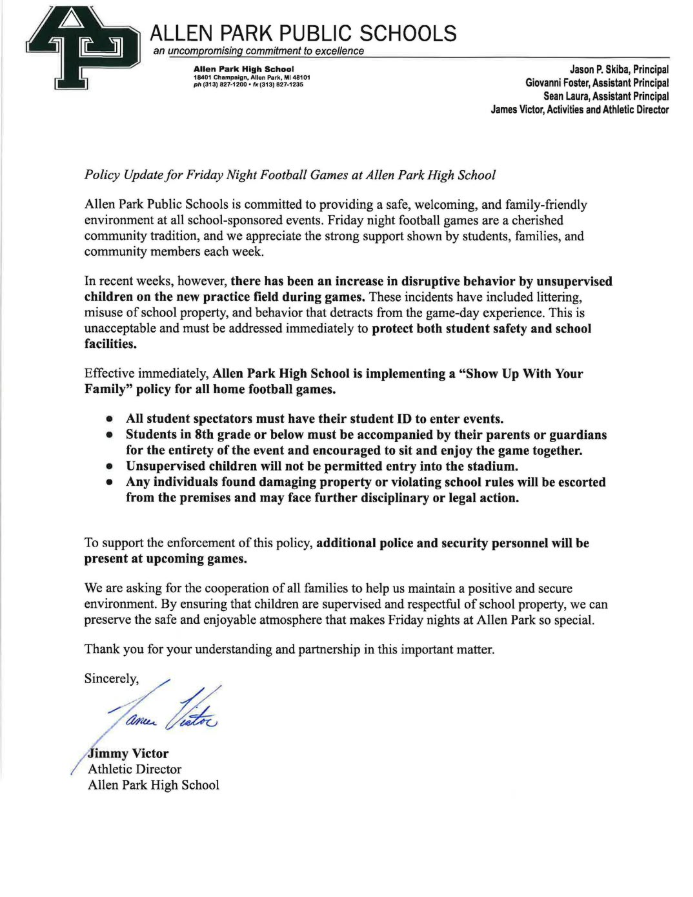 Policy Update for Friday Night Football Games at APHS