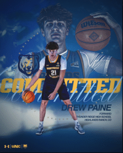 Drew Paine Graphic of him dribbling a ball wearing UNC uniform.m