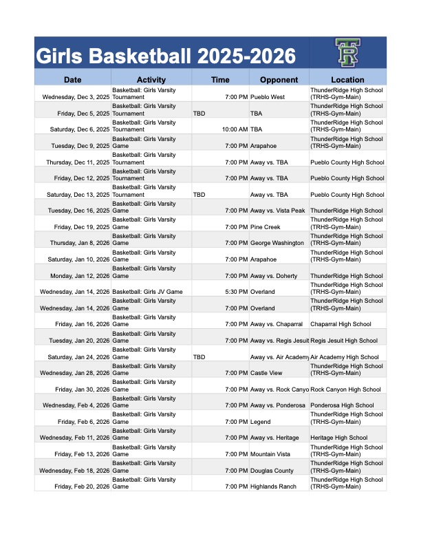 Girls Basketball Schedule in a table.