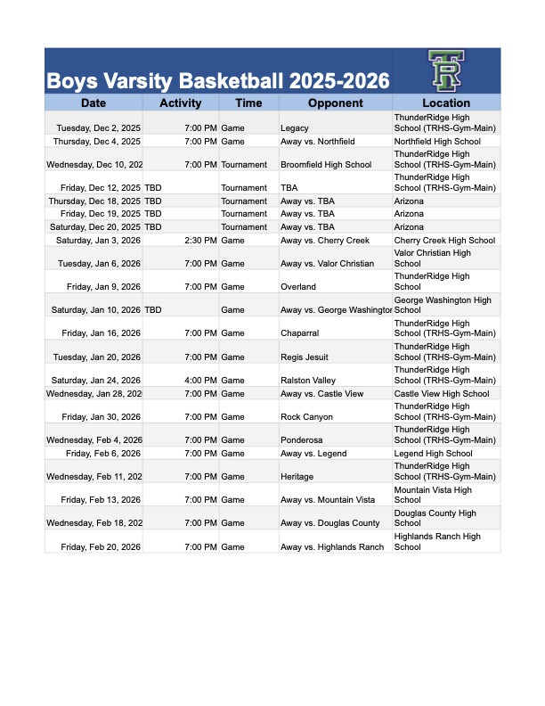 Boys Varsity Winter 25/26 Schedule.