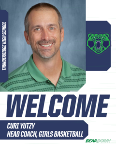 Graphic welcoming Curi Yutzy as the new Head Girls Basketball Coach