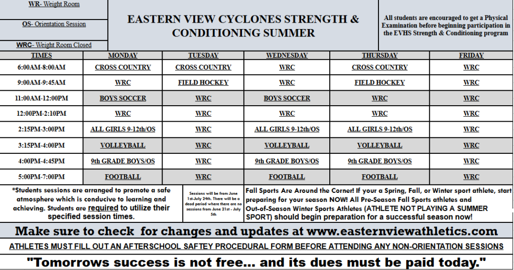 Summer 2026 Weight Room Schedule