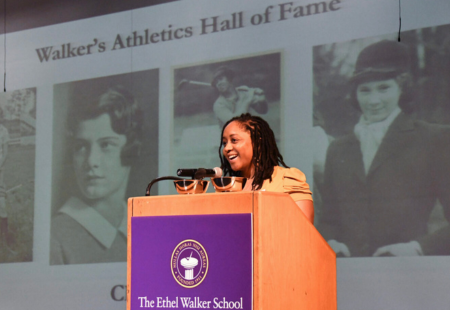 Athletics Hall of Fame Nominating Committee Member Sydney Satchell ’10 speaks at the Inaugural Induction Ceremony.