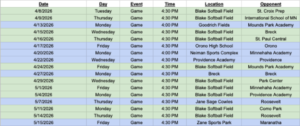Softball Game Schedule 2026