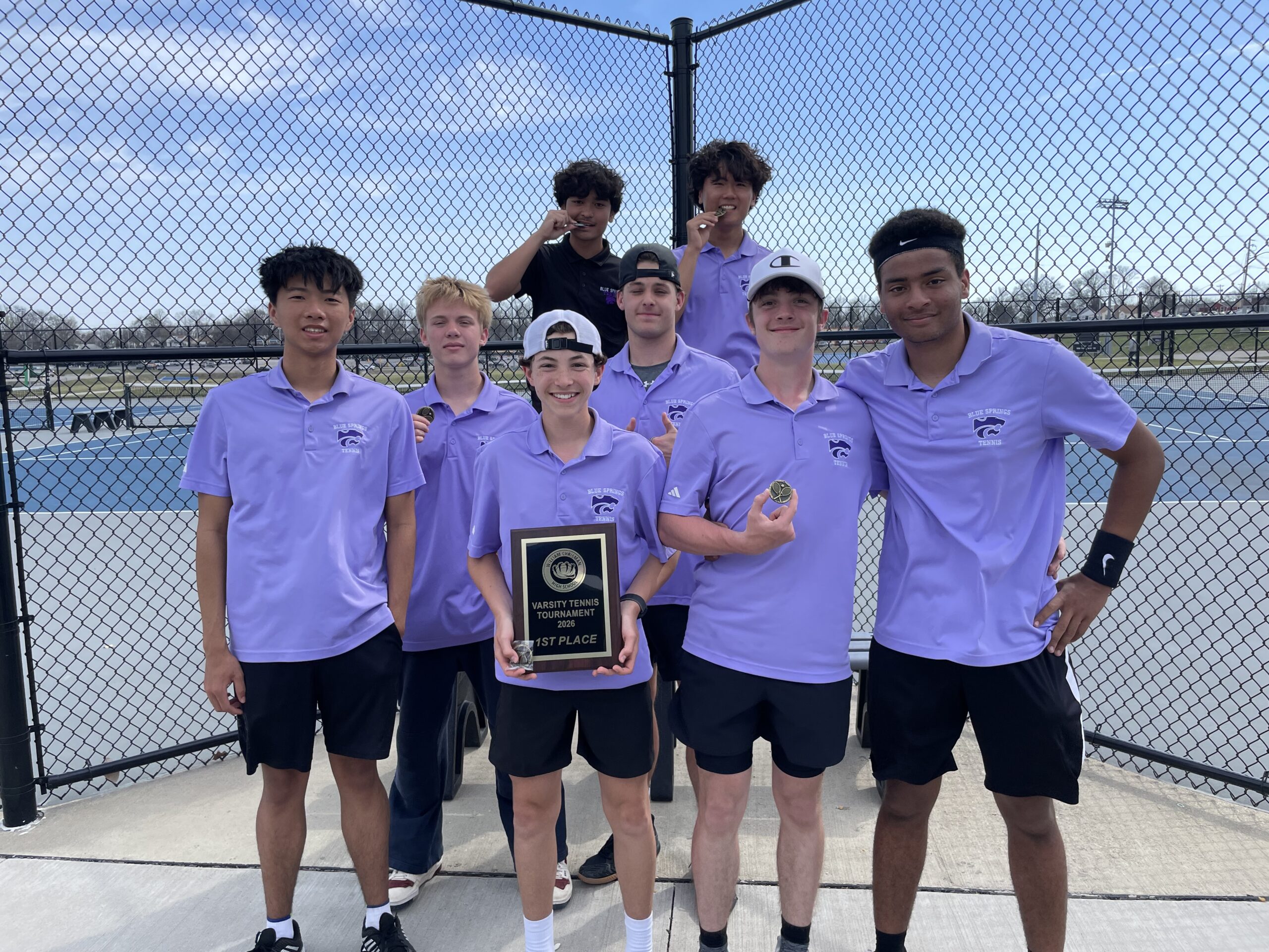 1st Place at the William Chrisman Varsity tournament (L to R) front row Jon Lin, Owen Bonham, Finn Helmer, Lleyton Marriott, Will Lynch, Sasu Akalor, (Top) Zayden Pha and Miru Lee