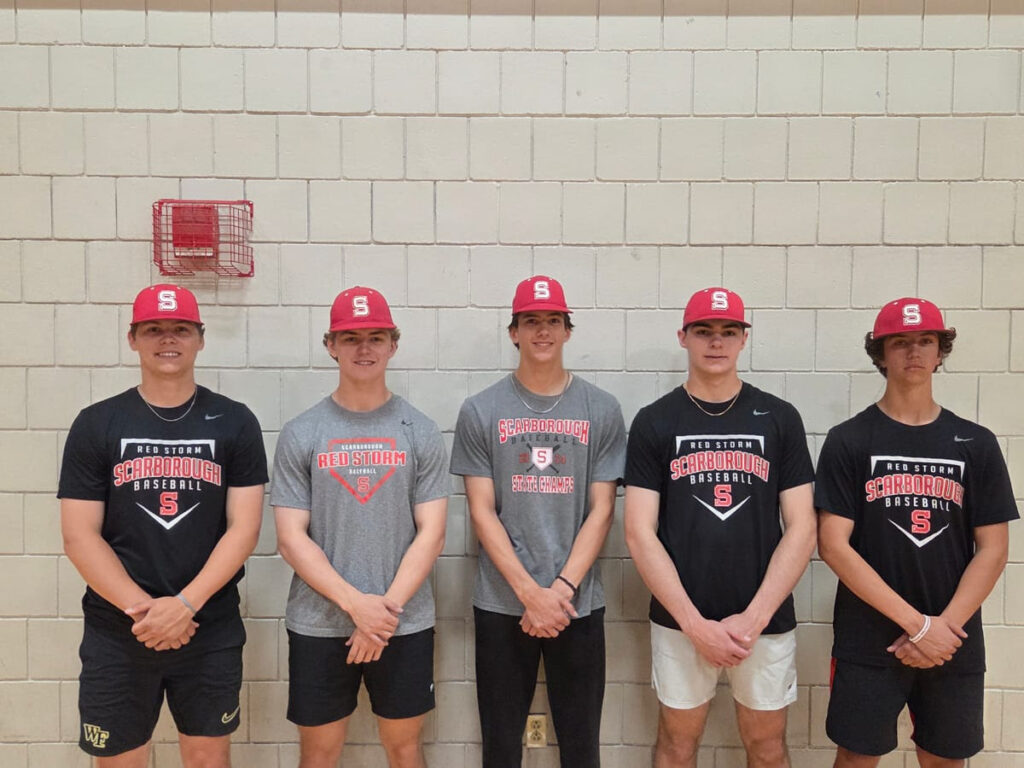 Photo of red storm pitchers; Erik Swenson, left, Ryan Shugars, Nate Masters, Cam Dean and Liam Vines