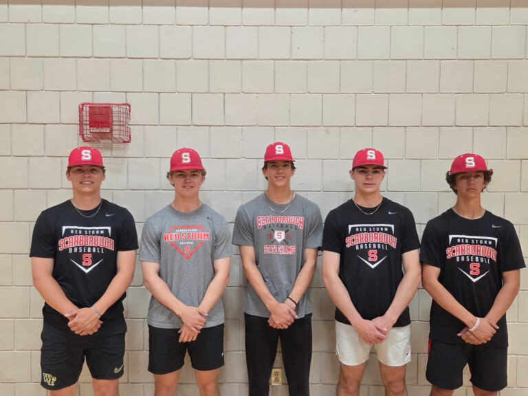 Photo of red storm pitchers; Erik Swenson, left, Ryan Shugars, Nate Masters, Cam Dean and Liam Vines