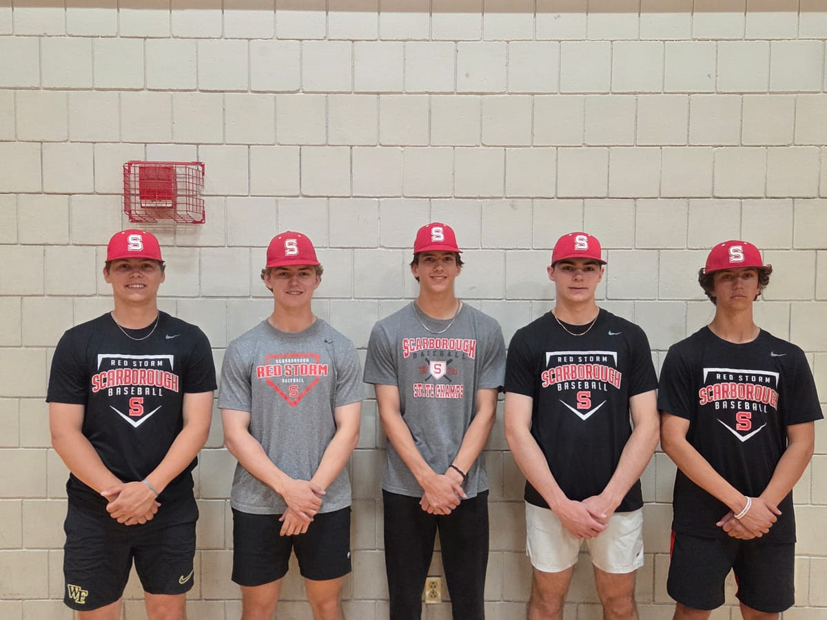 Photo of red storm pitchers; Erik Swenson, left, Ryan Shugars, Nate Masters, Cam Dean and Liam Vines
