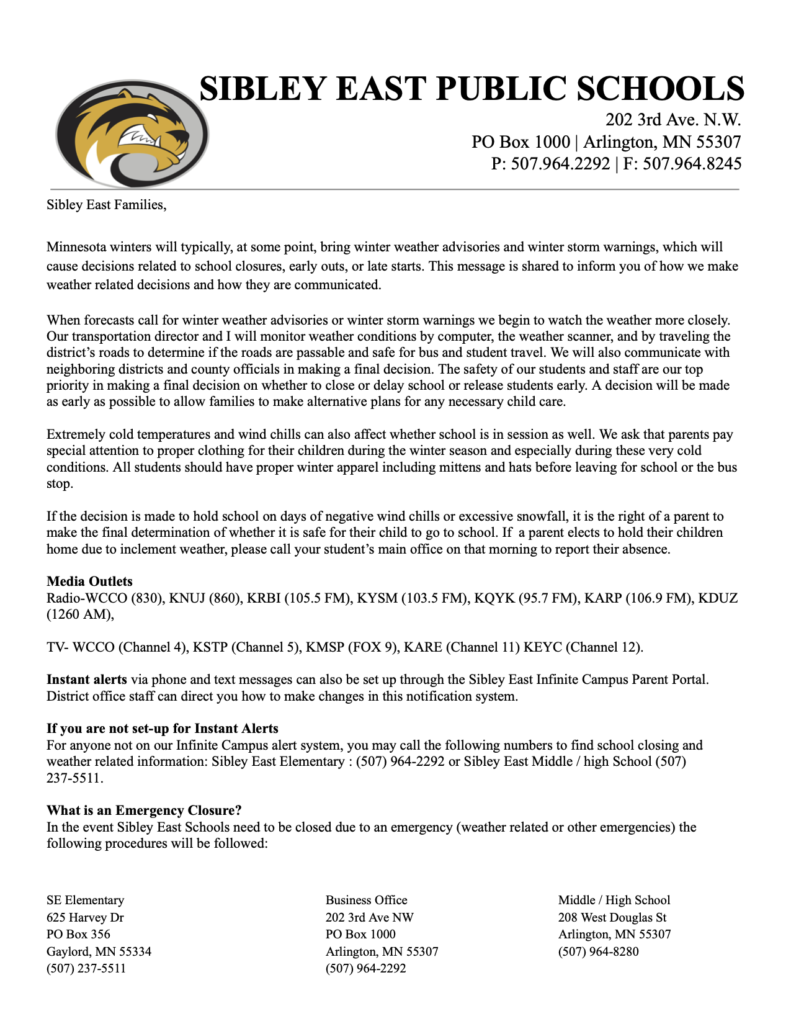 Document explaining the Winter Weather Policy of Sibley East School District