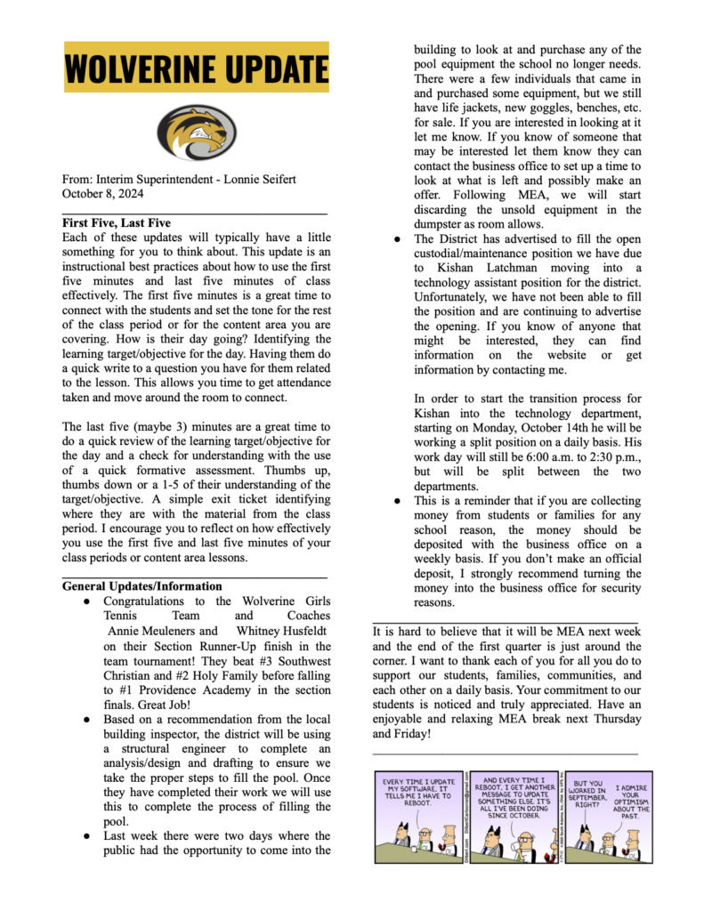 Wolverine update from Superintendent Seifert