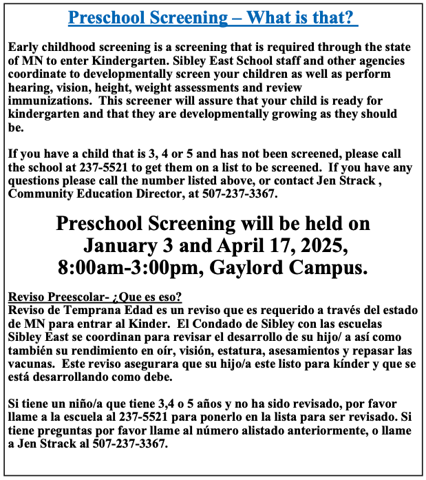 Preschool screening 2025