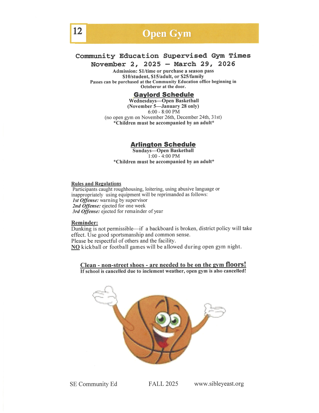 open gym schedule and cost fall and winter 2025-2026