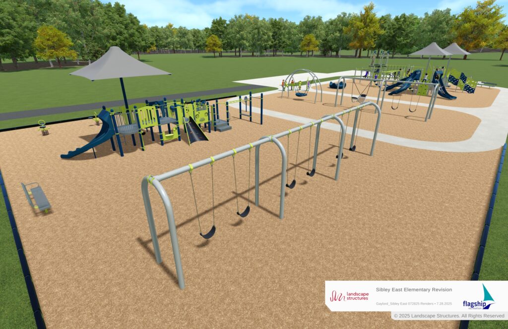 3D aerial rendering of the full Sibley East 2–5 playground layout featuring a large central structure, swing sets, and a musical play area.