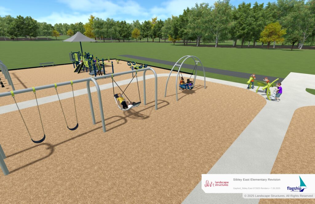 Close-up 3D render of the primary playground structure with gold and black accents, featuring dual slides and climbing steps.