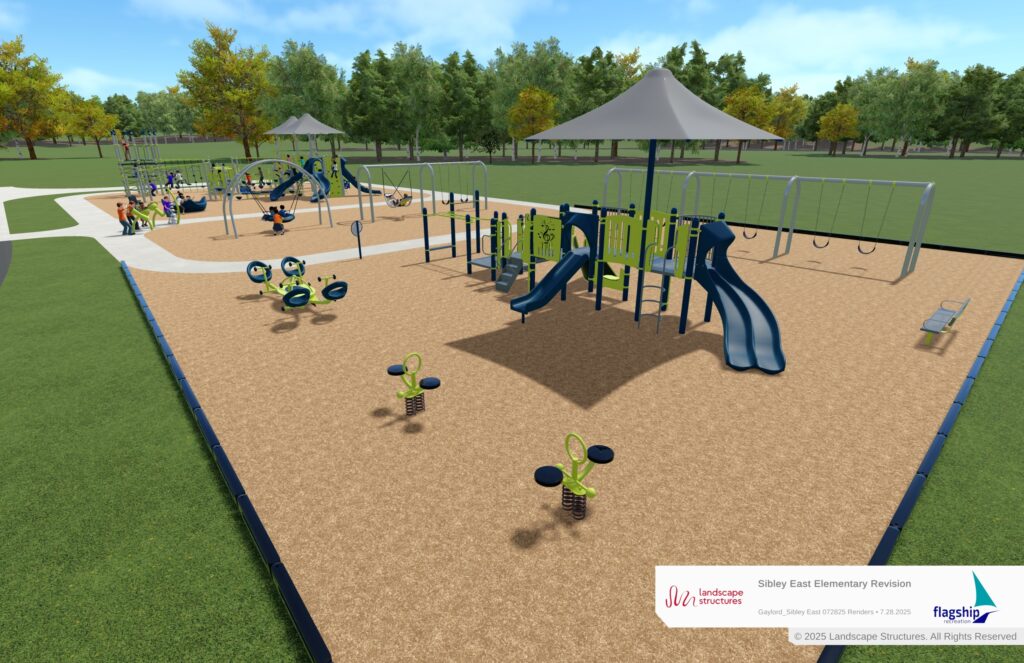 3D rendering of the playground’s swing area, including a friendship swing and a row of four traditional belt swings.