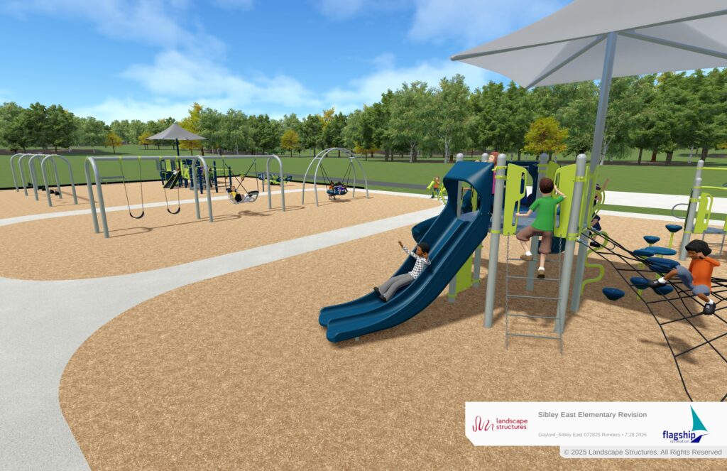 3D render of the specialized 'We-Saw' multi-person seesaw and interactive sensory play panels.