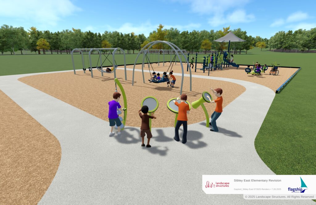 3D conceptual rendering of the Sibley East 2–5 playground focusing on the musical play area and the friendship swing, showing accessible surfacing and varied sensory play stations.