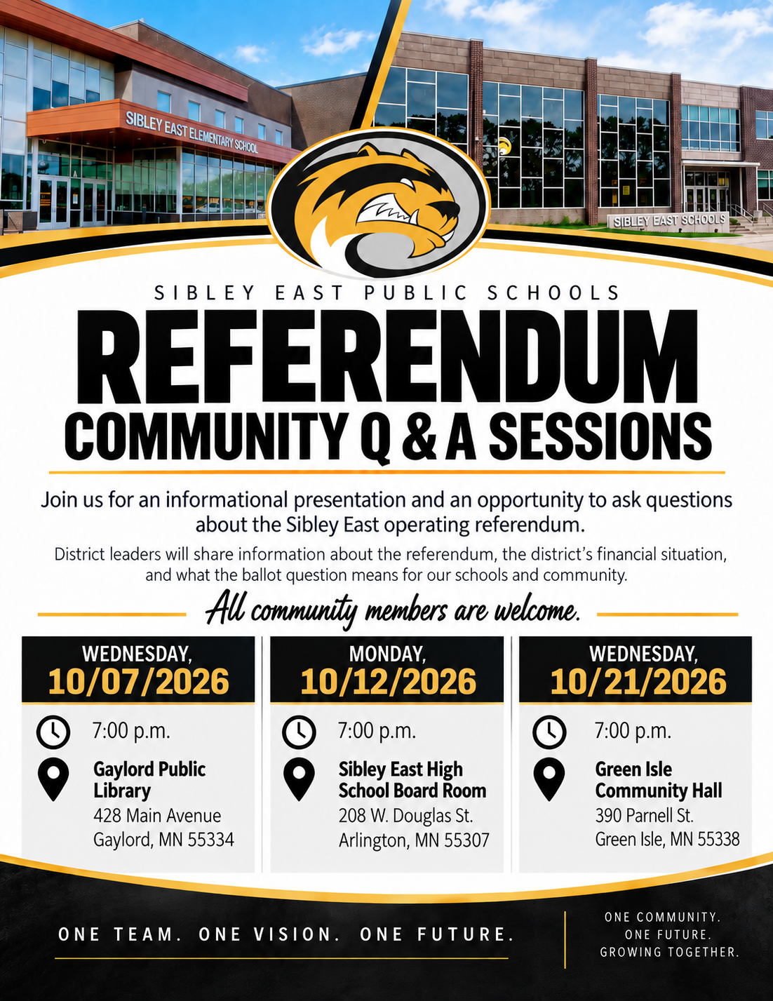 Sibley East Public Schools Referendum Community Question and Answer Sessions. Event details are provided below.