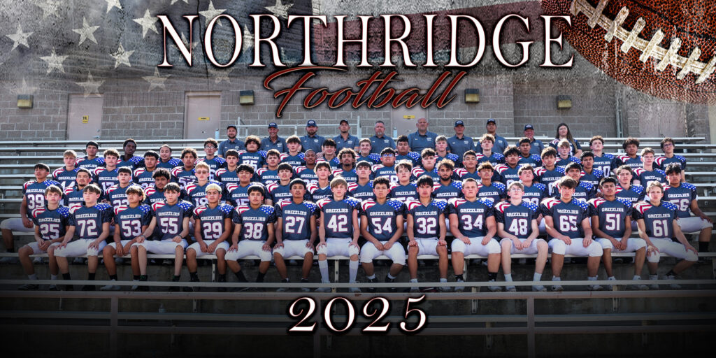 "Group photo of the Northridge High School Grizzlies football team, players in navy jerseys with American flag sleeves and white pants, sitting in stadium bleachers with coaches standing behind them. The text 'Northridge Football 2025' is displayed at the top with a football graphic and American flag background."