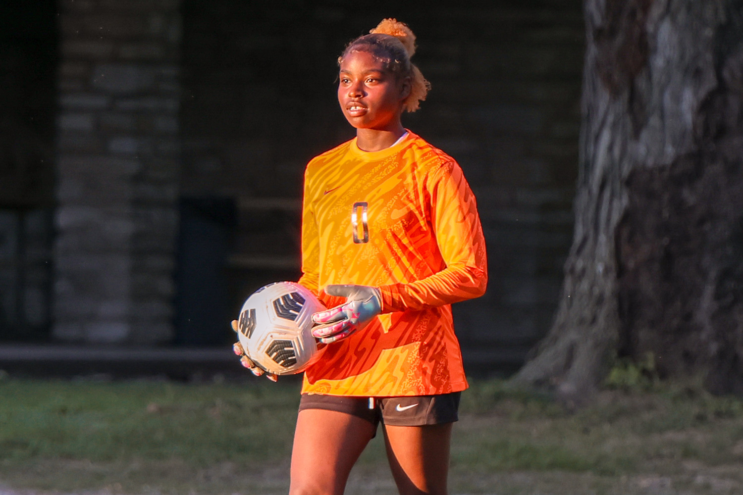 SBEP goalie Dior Phelps-Patterson holds a soccer ball during a game.
