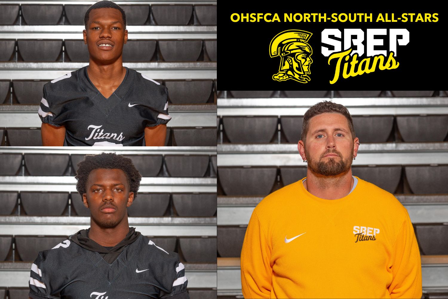 Kyle Hogan, De'Shawn Hicks, and James Hall are featured together in a collage. In the upper right corner, text reads "OHSFCA North-South All Stars."