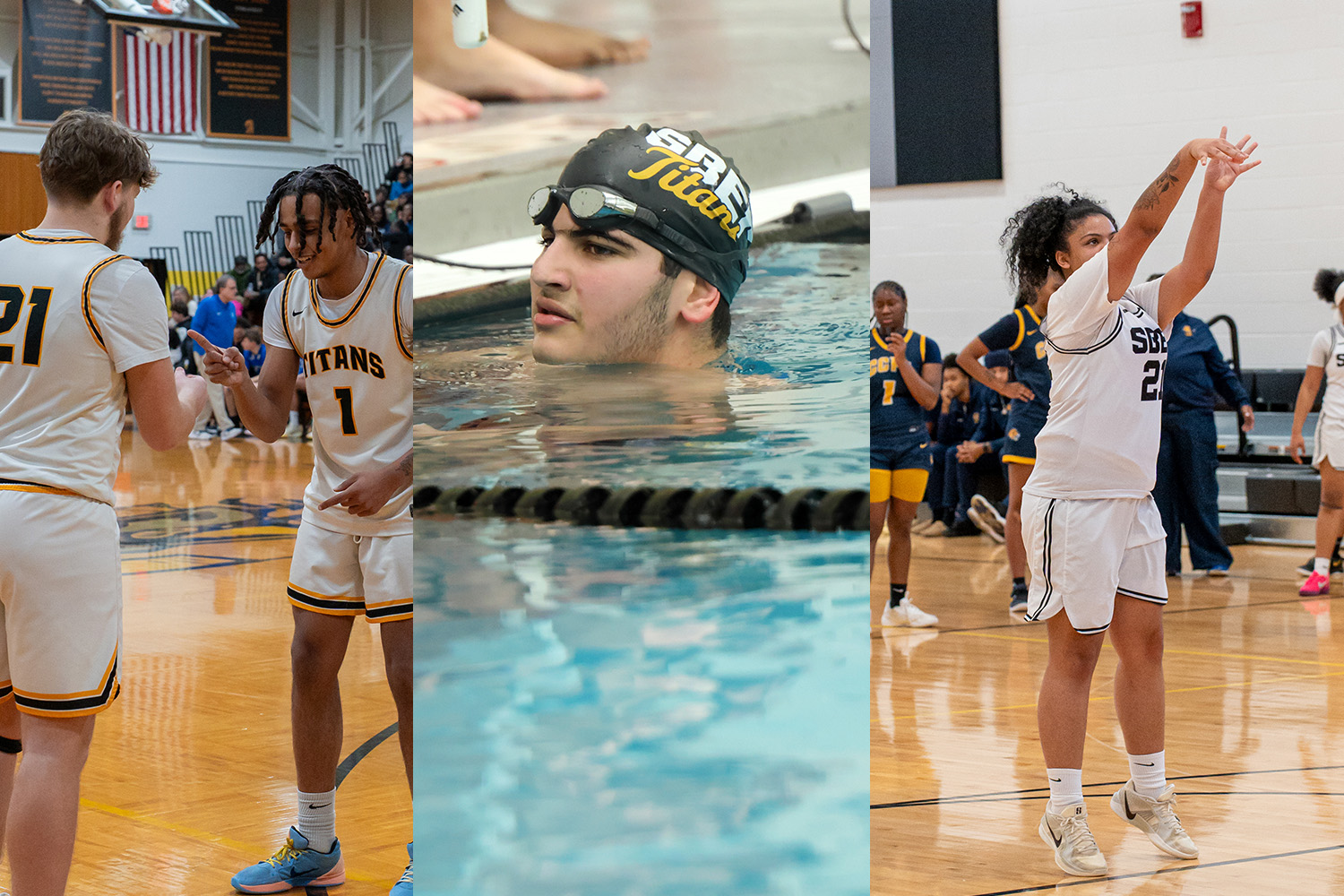 Three images are combined in a collage. In the first image, two varsity boys basketball players do a special handshake before a game. In the second, a swimmer is floating in the pool while resting against a wall. In the third image, a girls basketball player shoots a free throw.