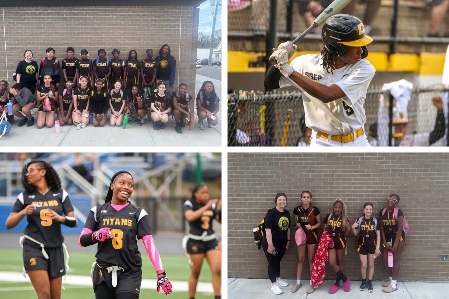 A collage of images taken for various SBEP sports programs. There are pictures for flag football, track and field, and baseball.