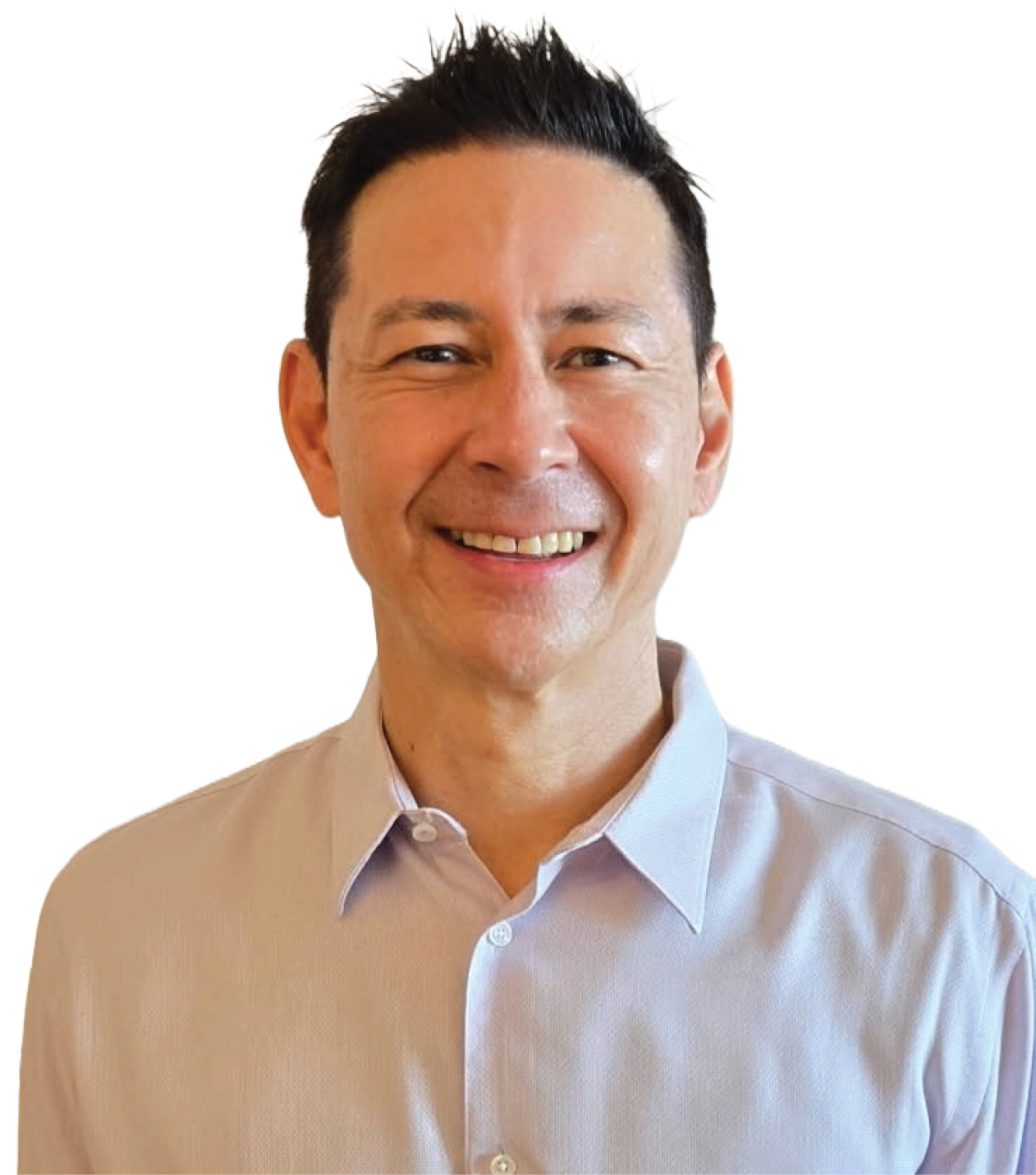 Headshot of a smiling man with short, spiky dark hair, wearing a light purple collared shirt.
