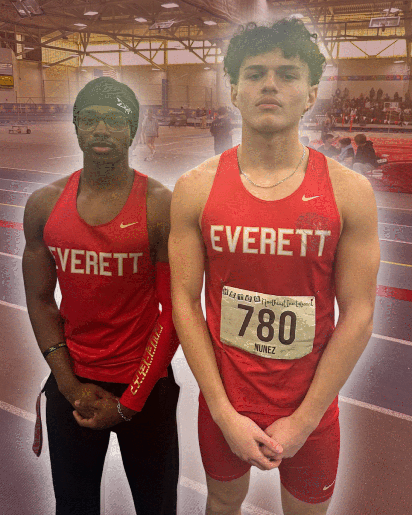 Kayshaun Eveillard (left) and Lucas Nunez (right) pose after setting new Everett indoor track records at the MSTCA Northeast Invitational.