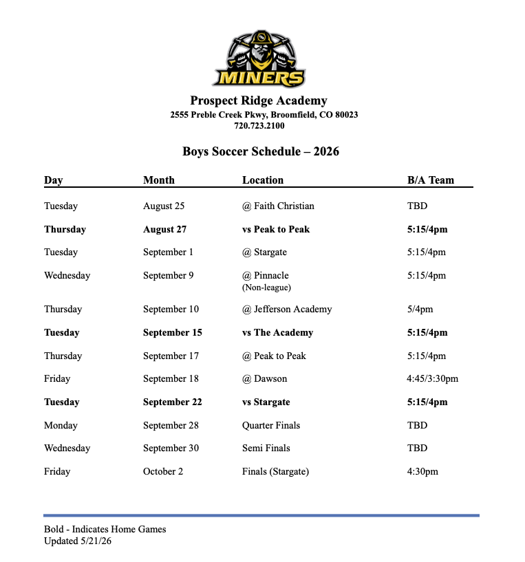 MS Boys Soccer Schedule