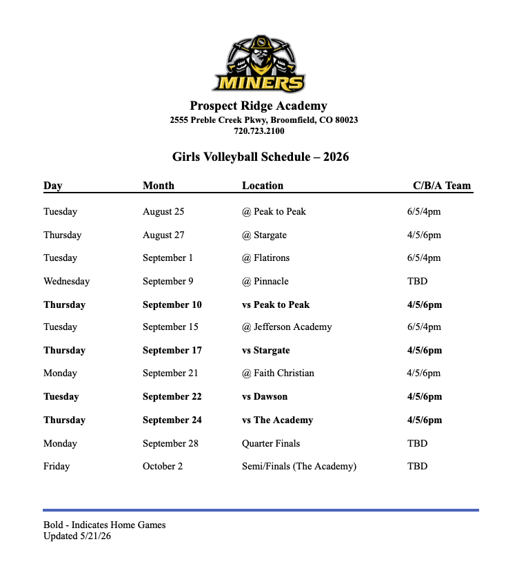 MS Volleyball Schedule