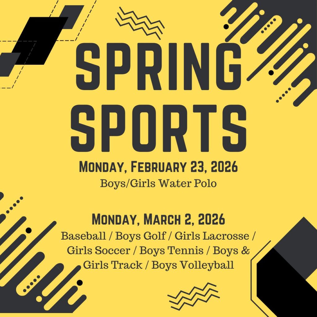 Black and yellow graphic called spring sports with dates of tryouts