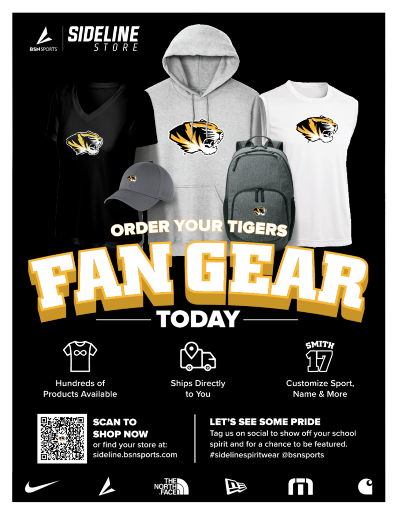 Black flier with three tiger logo shirts entitled Order your tigers fan gear today.